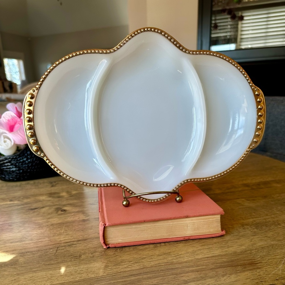 Vintage Anchor Hocking Milk Glass Relish Dish With Gold Trim
